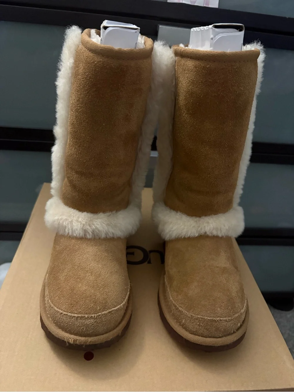 UGG Chestnut Suede Kids Shearling Boots with Cream Fur Trim
